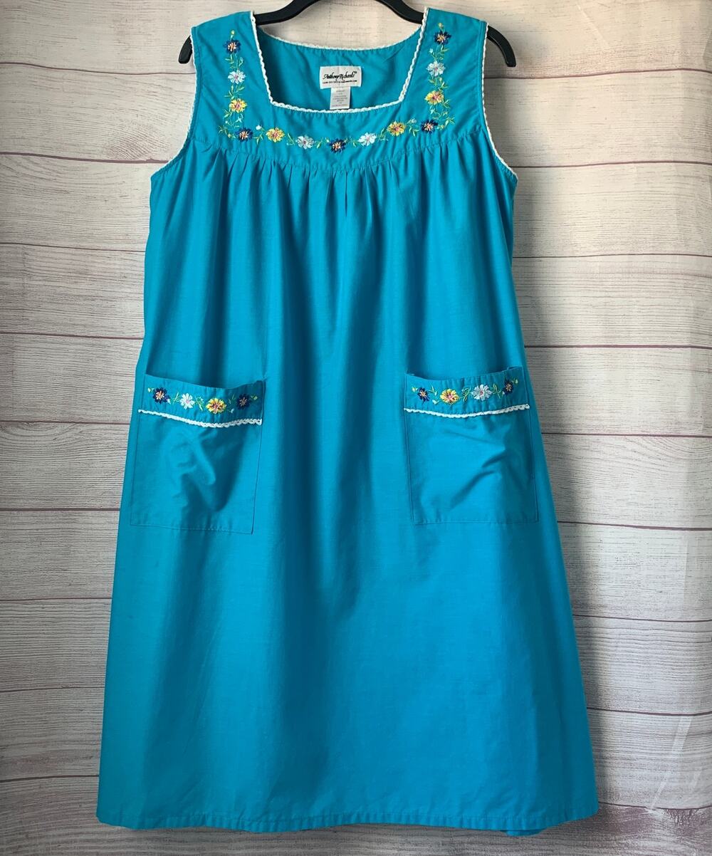 Vintage Anthony Richards Blue Sundress Embroidered Flowers House Dress Size L